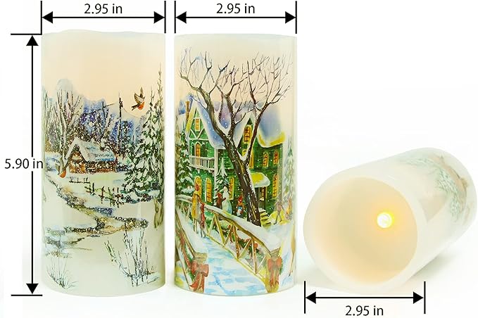 Christmas Flameless Candles Real Wax LED Candles Decor Battery Operated with Timer and Green Christmas Tree Decal,Set of 3,Warm Light