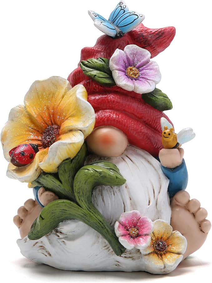 Hodao Gnome Figurine Decorations Indoor Home Decor Butterfly Bee Seven Star Ladybug - Dancing Spring Petal Gnome - Summer Garden Patio Gnome Sculpture Decorations (Flower gnome)