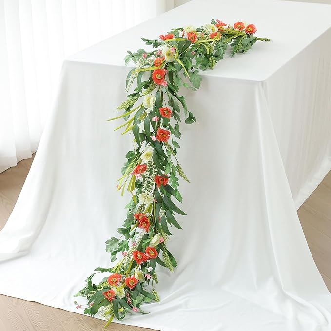 Mizii Red Artificial Flower Garland 6FT Fake Poppy Floral Garland Hanging Vines Spring Summer Flowers Decorations for Mantle Table Centerpieces Room Wall Fireplace Wedding Decor (Red)