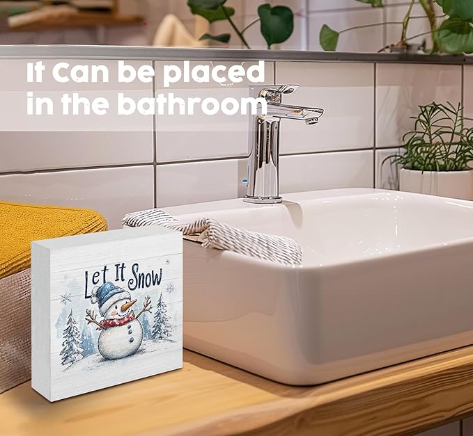 Let It Snow Sign, Christmas Snowman Wooden Box Sign, Farmhouse Winter Wood Signs For Home Office Desk Shelf Table Decor, Snowman Christmas Decorations, Winter Home Decor, 5x5 Inch