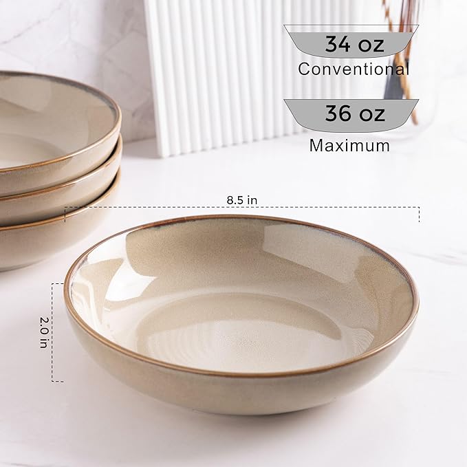 AmorArc 8.5'' Large Pasta Bowls, 36oz Ceramic Pasta Serving Bowls Set of 4 for Kitchen, Wide Bowls for Pasta,Salad,Oatmeal, Microwave Safe, Reactive Glaze-Latte