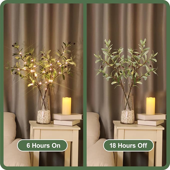 Lighted Olive Branches for Vases, 32 Inch Olive Branches with 32 LED Lights, Battery Powered Artificial Branch, Prelit Tree Branch for Home Wedding Indoor Outdoor Spring Decorations, Timer