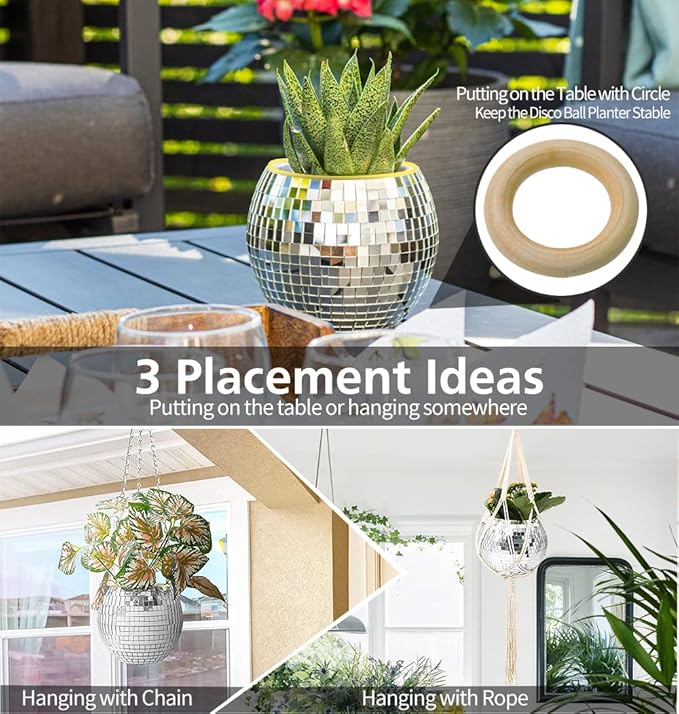 Disco Ball Planter, 8" Silver Disco Ball Planter, Disco Ball Plant Hanger with Hanging Rope, Hanging Chain, Hook, Circle and Extra Mirror Pieces (8" Silver, 1pcs)