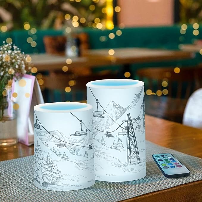 ALAZA Mountain Ski Lift Sketch Flickering Flameless Candles Battery Operated with Remote Timer,Tea Light Candles LED Pillar Votive Candles Set of 2 for Outdoor Indoor Decorations
