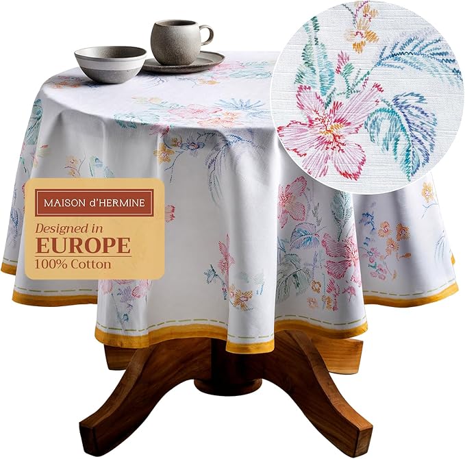 Maison d' Hermine Table Cloth Round Table 100% Cotton 63 Inches Tablecloth Reusable Decorative Everyday Use for Dining Room, Farmhouse, Home, Party, Festive & Wedding Spring Summer - Paradise Island
