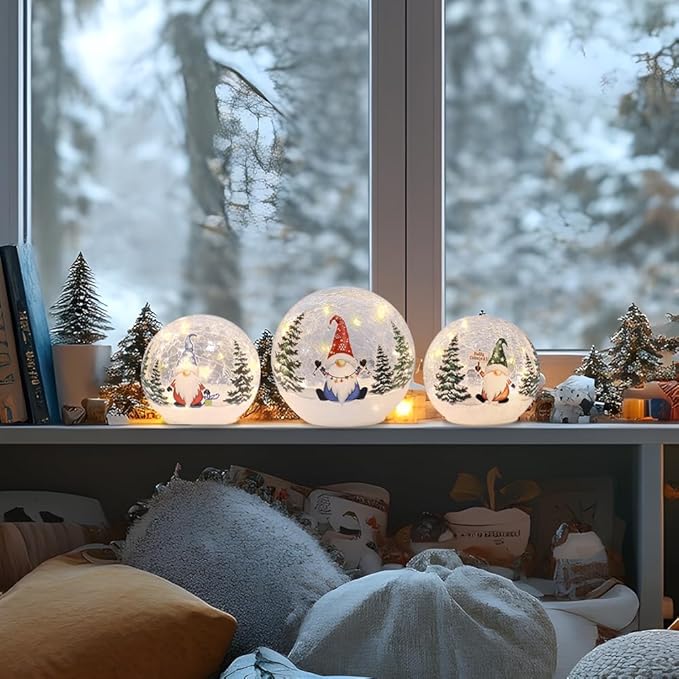 YEAHOME Christmas Decorations Indoor, 3 Pcs Lighted Gnomes Christmas Snow Globes Home Decor, Christmas Table Decorations LED Crackle Glass Ball with Timer for Living Room Fireplace Tabletop