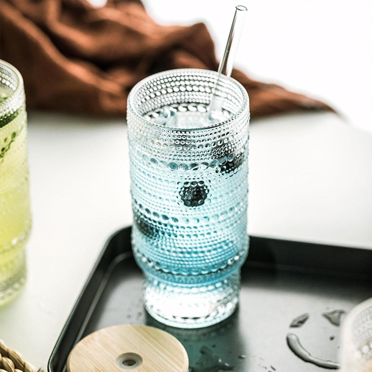 KEMORELA Set of 6 Hobnail Drinking Glasses with Cool Glassware Lid and Straw, 16oz XL Highball Bubble Cocktail, Old Fashioned Beverage Glasses, Romantic Water Glasses for Juice