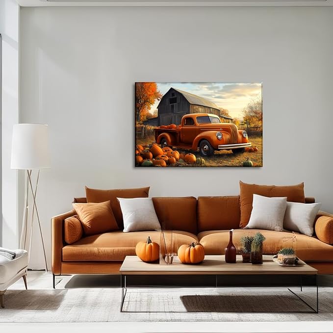 Pumpkin Wall Art Autumn Harvest Canvas Wall Decor Rustic Farmhouse Truck Picture Fall Painting Vintage Artwork for Living Room Bedroom Home Halloween Decor Framed(Art-3,12.00"x18.00")
