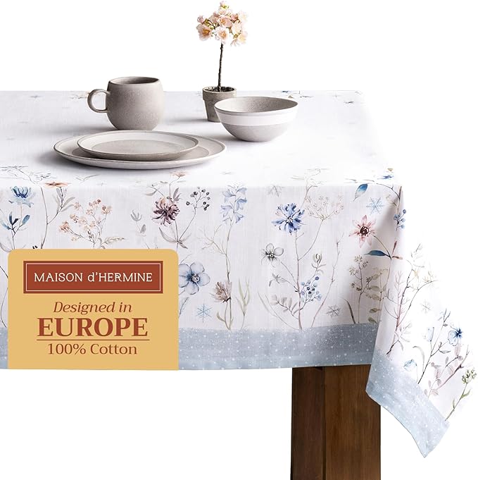 Maison d' Hermine Table Cloth Rectangle Table 100% Cotton 60 x 108 Inches Fall Tablecloth Reusable Everyday Use for Thanksgiving Christmas Decorations Dining Farmhouse Party (Ice Florals)