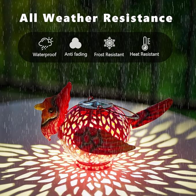 2 Pack Cardinal Solar Lanterns Outdoor Hanging with Handle, Metal Tabletop Solar Lanterns Outdoor Waterproof, LED Light Solar Lantern for Table Pathway Patio Yard Christmas Gifts