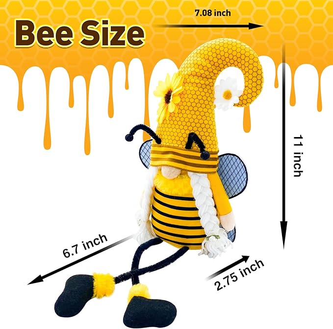 Lovinland Spring Decorations for Home - Honey Bumble Bee Sunflower Plush Stuffed Gnomes Doll - Summer Gnome Gifts for Women - Bee Decor Indoor