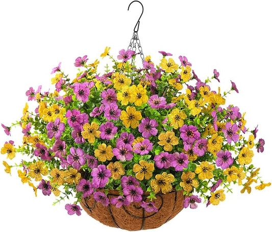 Artificial Faux Hanging Plants Flowers Basket for Spring Outdoor Decoration, Fake Silk Daisy in Planter Realistic UV Resistant Look Real for Porch Home Patio Balcony Yard(Purple Yellow)