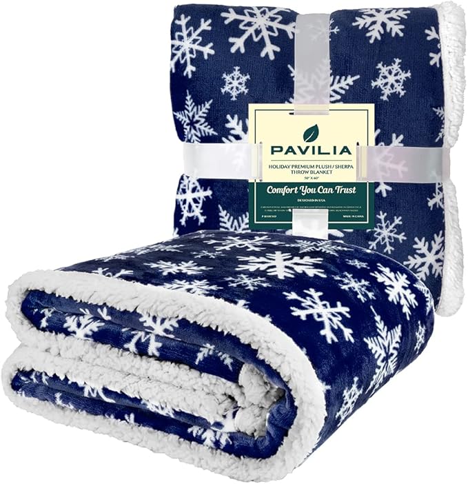 PAVILIA Blue Snowflake Christmas Sherpa Throw Blanket, Reversible Fleece Sherpa Cozy Holiday Blanket 60x80, Soft Winter Throw for Couch & Bed, Plush for Family Friends