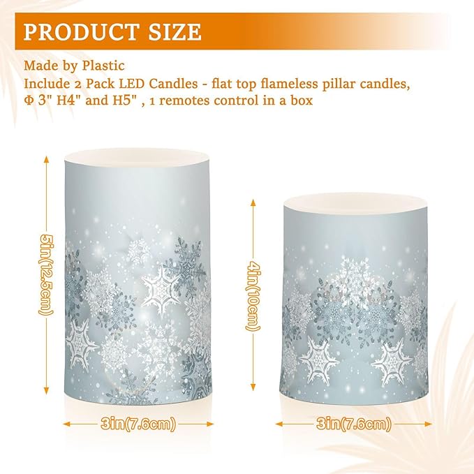 ALAZA Silver Winter Abstract Snowflakes Christmas Flickering Flameless Candles Battery Operated with Remote Timer,Tea Light Candles LED Pillar Votive Candles Set of 2 for Outdoor Indoor Decorations
