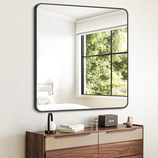 FORBATH Bathroom Mirror 36" x 36"，Large Square Wall Mirror with Black Aluminum Frame Rounded Corner, Wall Mounted Mirror for Bathroom Bedroom Entryway Living Room