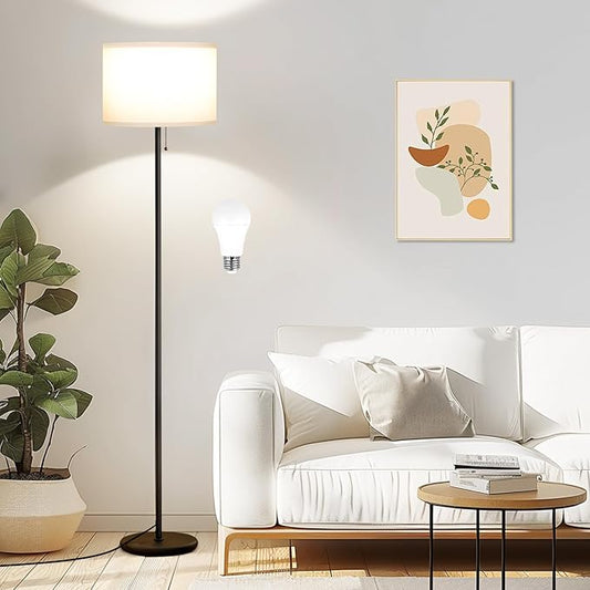 Ambimall Floor Lamps for Living Room with 3 Color Temperatures Bulb & Pull Chain Switch, 60" Modern Standing Floor Lamp for Bedroom Kids Room Study Room（White Shade & Black Pole）