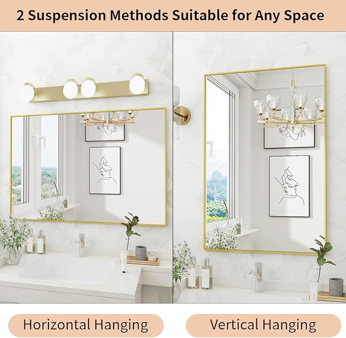 Koonmi Gold Mirrors for Wall, 26x38 Inch Bathroom Mirror, Rectangular Wall Mirror for Living Room Bedroom Bathroom, Hangs Horizontally or Vertically