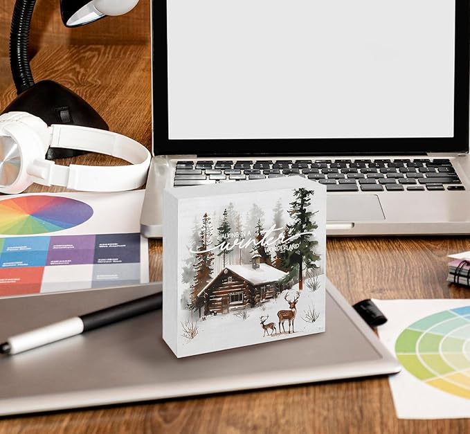 Winter Sign, Winter Christmas Reindeer Wooden Box Sign, Farmhouse Xmas Decorations, Wonderland Decorations, Christmas Wood Signs for Home Office Desk Table Shelf Decor, 5x5 Inch