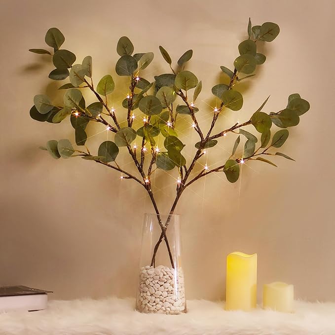 Lighted Eucalyptus Branches, 32 Inch Branches with 32 LED Lights, Battery Powered Eucalyptus Branches for Vases, Prelit Tree Braches for Home Wedding Indoor Outdoor Spring Decorations, Timer