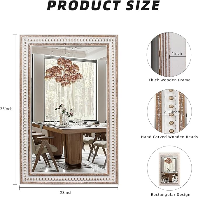 35x23 Inch Boho Wooden Rectangle Wall Mirror, Rustic Farmhouse Rectangular Mirrors for Bathroom, Bedroom, Living Room, Entryway Decorative - Vertical or Horizontal Hanging