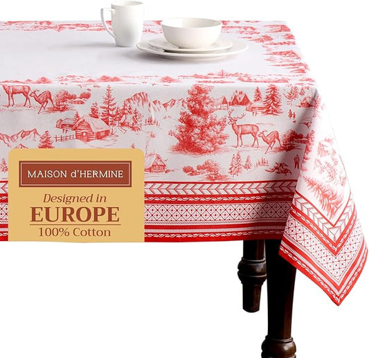 Maison d' Hermine Table Cloth Rectangle Table 100% Cotton 70 x 120 Inches Fall Tablecloth Reusable Everyday Use for Thanksgiving Christmas Decorations Dining Farmhouse Party (Winter Jouy)