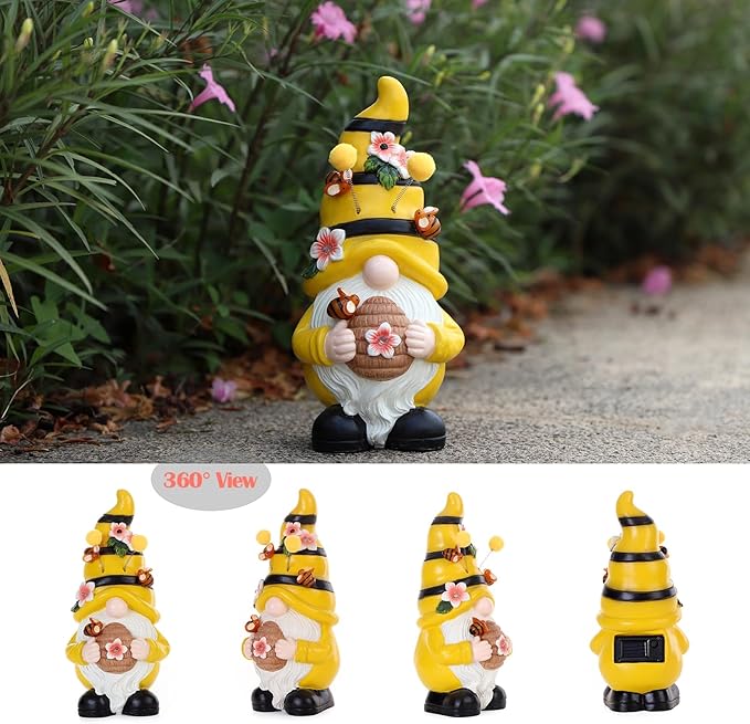 Garden Figurines Gnome Statue Decorations - Solar Resin Spring Bee Gnome Figurine Solar Garden Lights Outdoor Decorations Waterproof for Patio,Yard,Lawn,