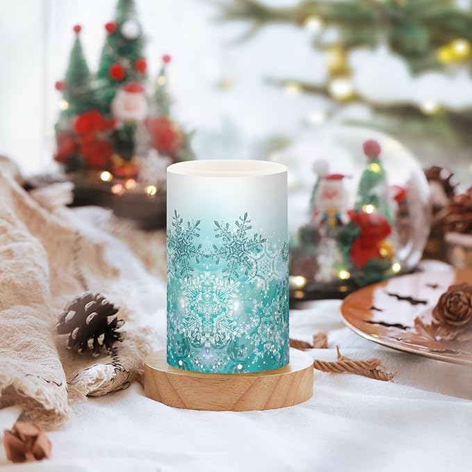 Silver Winter Teal Turquoise Snowflakes Christmas Flickering Flameless Candles Battery Operated with Remote Timer,Tea Light Candles LED Pillar Votive Candles set of 2 for Outdoor Indoor Decorations