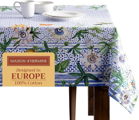 Maison d' Hermine Table Cloth Square Table 100% Cotton 60 x 60 Inches Tablecloth Reusable Decorative Everyday Use for Dining Room, Farmhouse, Home, Party, Festive & Wedding Spring Summer - Passiflora