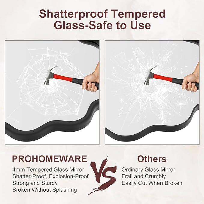 PROHOMEWARE Black Round Mirror 28 Inch Wavy Bathroom Vanity Mirror Gold Frame Modern Wall Mirror Decorative Wall-Mounte Anti-Rust, Tempered Glass