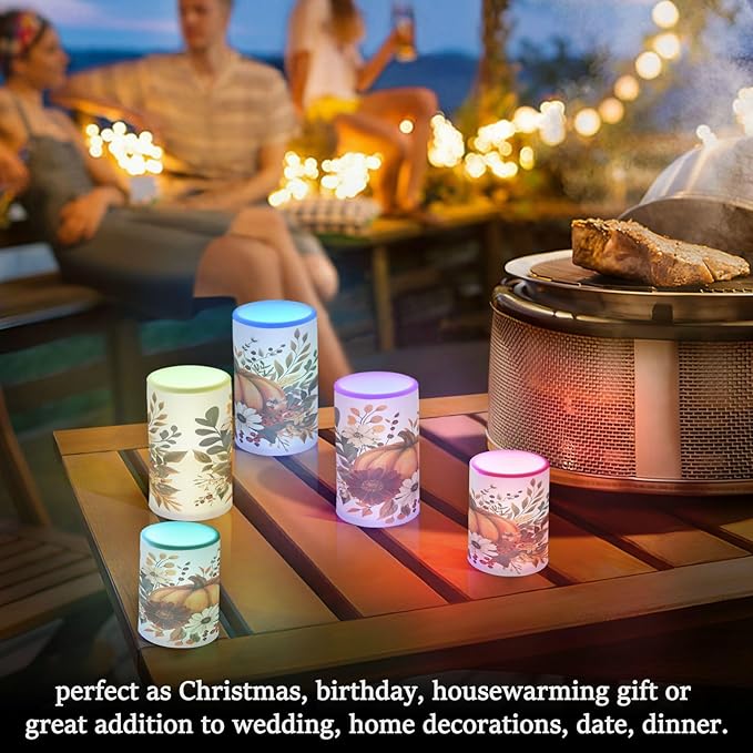 ALAZA Thanksgiving Pumpkin Fall Autumn Flickering Flameless Candles Battery Operated with Remote Timer,Tea Light Candles LED Pillar Votive Candles Set of 2 for Outdoor Indoor Decorations