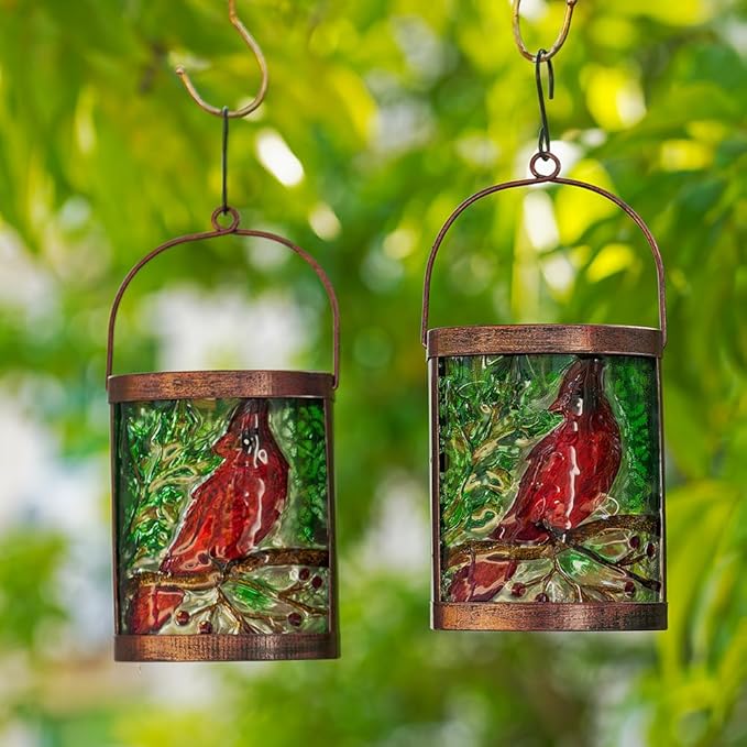2 Pack Cardinal Solar Lanterns Outdoor Waterproof LED Light Hanging Solar Lantern Glass Tabletop Lamp for Patio Garden