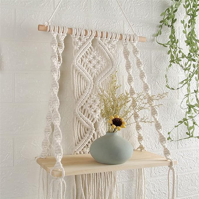 Macrame Wall Hanging Plant Decor Shelf Indoor Outdoor Floating Wood shelve Decorative Hand Made Rope Boho Shelving for Plants