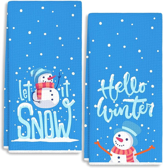 Let’s Snow Winter Wonderland Towels Dish Towels Dishcloth, Snowman Winter Christmas Holiday Decor for Kitchen Bathroom Home, 16 x 24 Farmhouse Decoration Hand Towels Set of 2. (030)