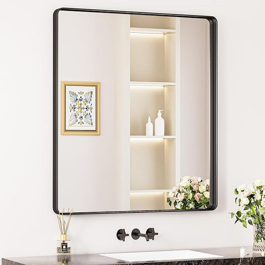Keonjinn Black Bathroom Mirror for Over Sink, 32 x 36 Inch Rounded Rectangle Bathroom Vanity Mirrors, Matte Black Farmhouse Wall Mirror, Shatterproof HD Tempered Glass, Seamless Aluminum Alloy Frame