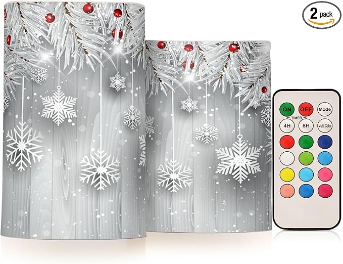 ALAZA Silver Christmas Tree Snowflake Flickering Flameless Candles Battery Operated with Remote Timer,Tea Light Candles LED Pillar Votive Candles Set of 2 for Outdoor Indoor Decorations