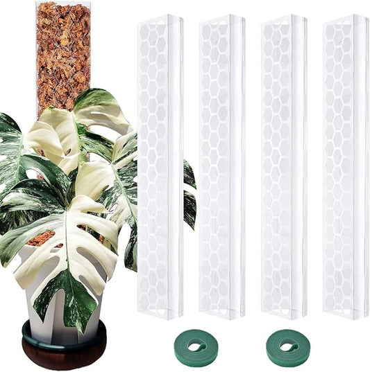 4 Pcs 17 Inch Plastic Moss Pole for Plants Monstera, Stackable Plant Support for Indoor Climbing Plants, Clear Plant Poles with 2pcs Garden Ties Work with Sphagnum Moss