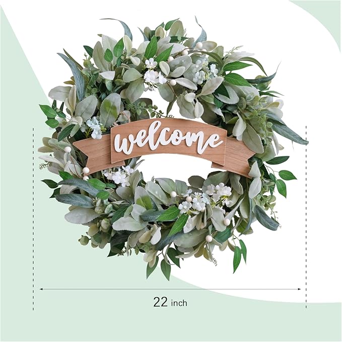 22 Inch Spring Everyday Lamb Ears Leaves Wreath with White Wild Flowers and Berries for Front Door, Welcome Wood Sign Green Leaves Wreath for Indoor Outdoor, Everyday Leaves Home Decor