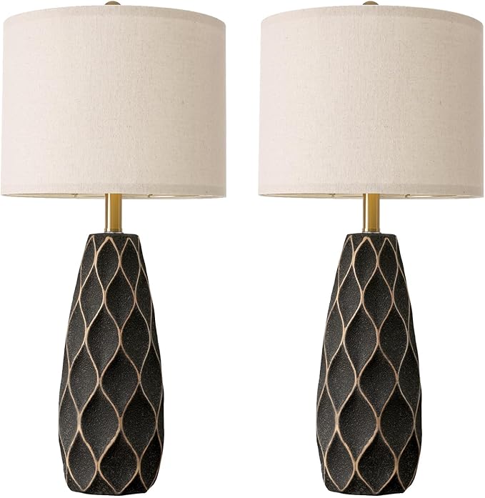 PORTRES 27.5" Ceramic Table Lamps for Bedroom Living Room Lamps Set of 2 Modern Bedside Nightstand Lamp Farmhouse Vintage Rustic Boho Retro Large Table Lamps Light Home Office Desk Deco Gifts, Black