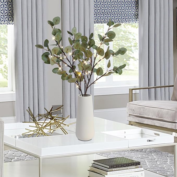 Lighted Eucalyptus Branches, 32 Inch Branches with 32 LED Lights, Battery Powered Eucalyptus Branches for Vases, Prelit Tree Braches for Home Wedding Indoor Outdoor Spring Decorations, Timer