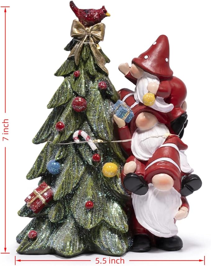 Hodao Christmas Tree Figurine Decorations — Lighted Hand-Painted Resin Gnomes Climbing with Cardinal, Tabletop Decor for Family or Friends | Mantel, Shelf, Living Room Display