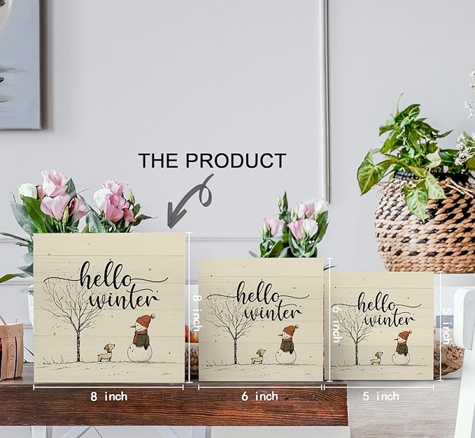 Hello Winter Sign, Christmas Snowman Snowflake Wooden Box Sign, Snowman Christma Decorations, Winter Christma Wood Signs for Home Office Desk Table Shelf Decor, 8x8 Inch