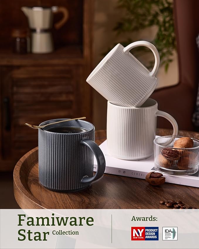 famiware Coffee Mug Set for 4, Star 16 oz Catering Mugs Cup Set with Handle for Coffee, Tea, Cocoa, Milk - Ceramic Stoneware Drinkware Set, Matte White + Matte Dark Charcoal