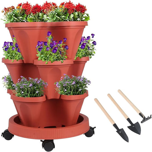 Vertical Planter 3 Tier Stackable Planters Garden Planters Strawberry Herb Flower and Vegetable Planter Indoor Outdoor Gardening Pots with Removable Wheels and Tools