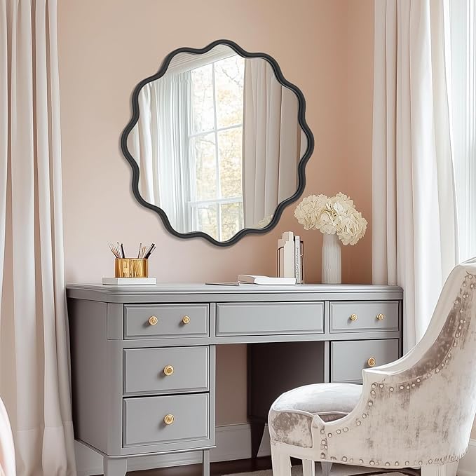 PROHOMEWARE Black Round Mirror 28 Inch Wavy Bathroom Vanity Mirror Gold Frame Modern Wall Mirror Decorative Wall-Mounte Anti-Rust, Tempered Glass