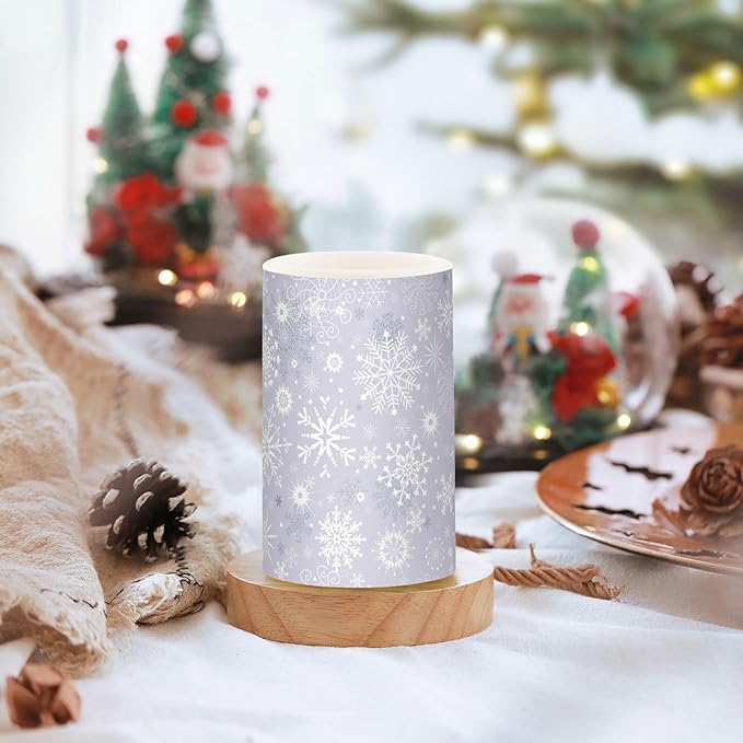 ALAZA Gray White Winter Snowflakes Christmas Flickering Flameless Candles Battery Operated with Remote Timer,Tea Light Candles LED Pillar Votive Candles Set of 2 for Outdoor Indoor Decorations