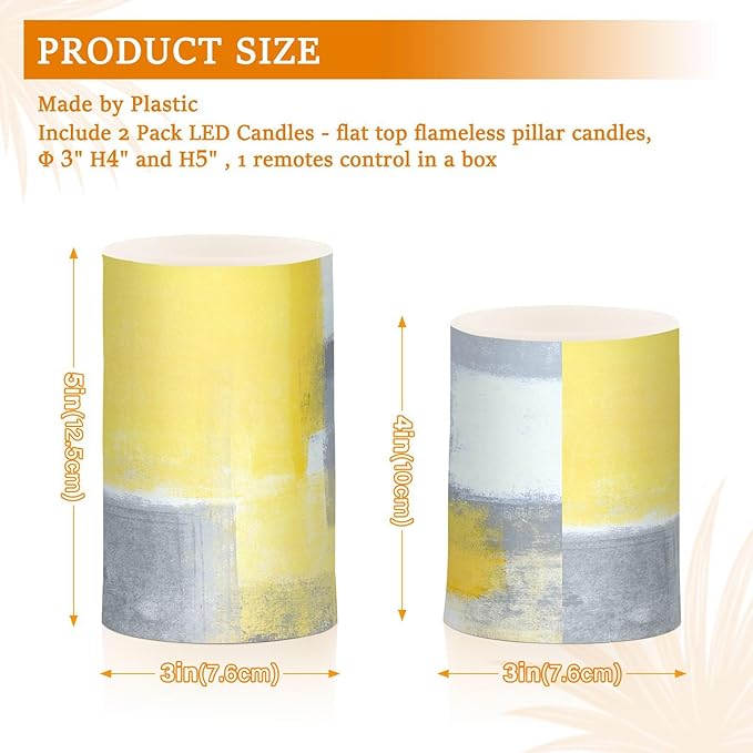 ALAZA Grey and Yellow Abstract Art Painting Flickering Flameless Candles Battery Operated with Remote Timer,Tea Light Candles LED Pillar Votive Candles Set of 2 for Outdoor Indoor Decorations