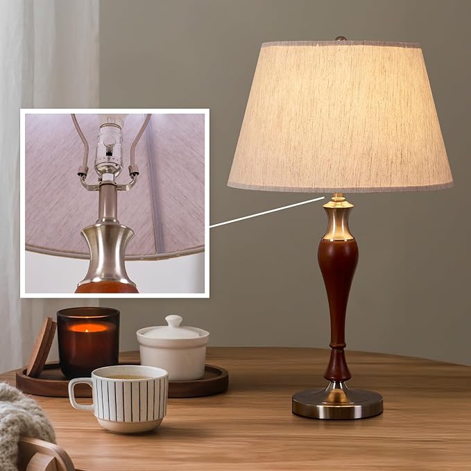Table Lamp, Modern Nightstand Desk Lamp with Dimmer Switch and Bulb, Mid Century Lamp for Living Room and Office, Wood Bedside Lamp for Bedroom, Home Décor, Walnut Wood Finish