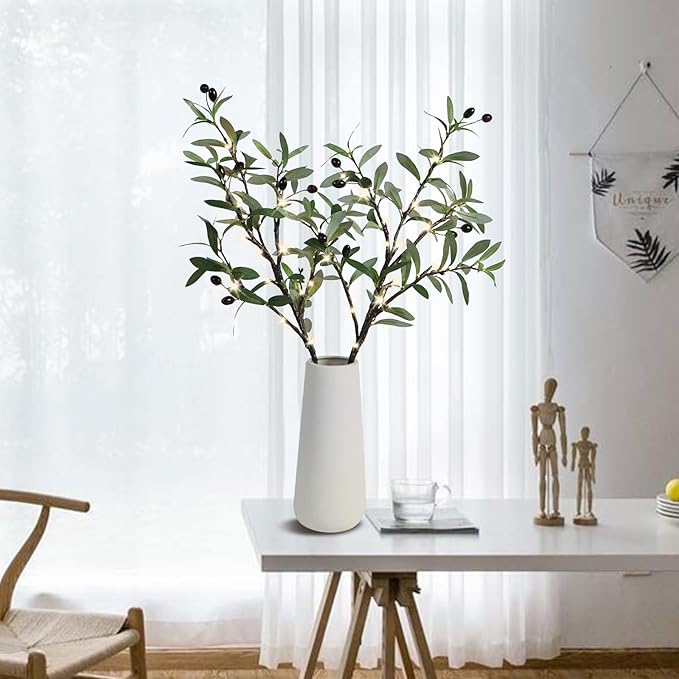 Lighted Olive Branches for Vases, 32 Inch Olive Branches with 32 LED Lights, Battery Powered Artificial Branch, Prelit Tree Branch for Home Wedding Indoor Outdoor Spring Decorations, Timer