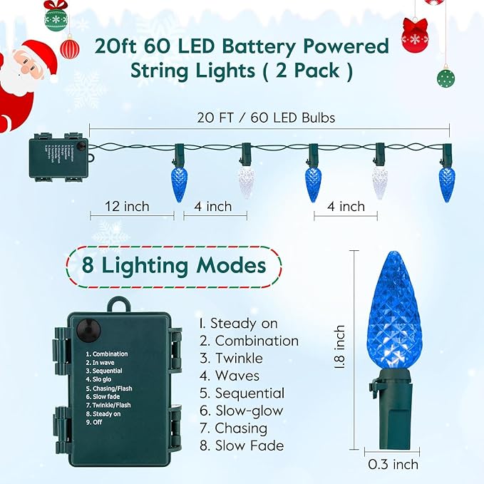Brightown C6 LED Christmas String Lights - 2 Pack Each 20ft 60LED Battery Operated Strawberry String Lights with Timer and 8 Light Modes for Christmas Trees Wreaths, Indoor Xmas Decor, Blue and White