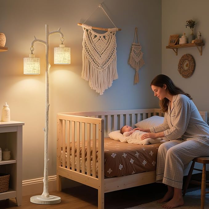 Rustic Floor Lamp for Living Room - Newly Upgraded Heavy-Duty Resin Base Farmhouse Floor Lamp with 2 Country Vintage Reading Light - Standing Tall Lamps for Bedroom Office Home Decor (Almond White)